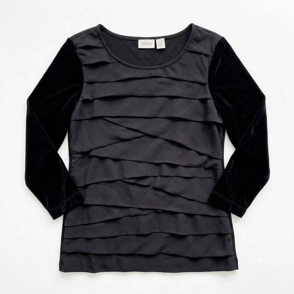 Chicos Travelers Chiffon Pleated Front Top Black 3/4 Sleeve Womens 1 Medium